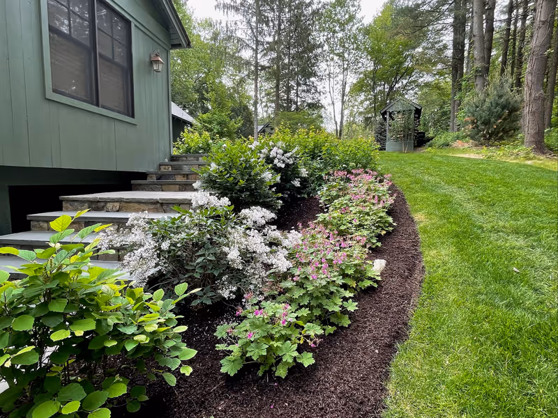 Flowering border beside house steps and a maintained lawn.